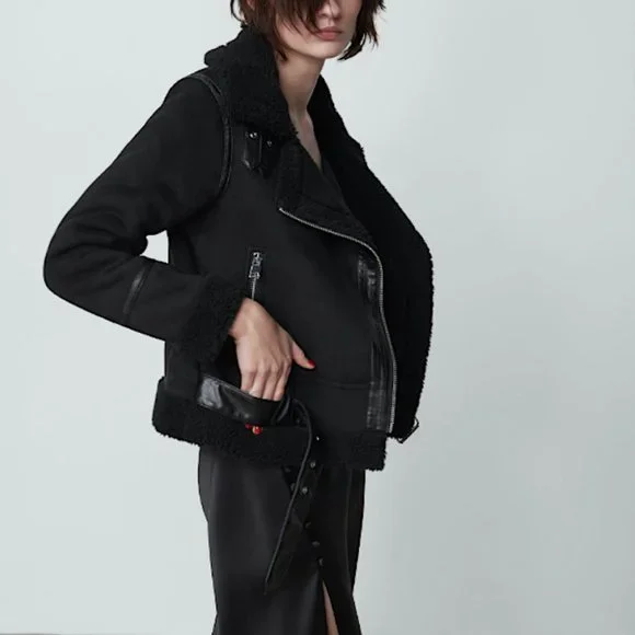 ZARA WOMEN BLACK DOUBLE FACED FAUX SUEDE MOTO JACKET SIZE XS NWT - Picture 6 of 12